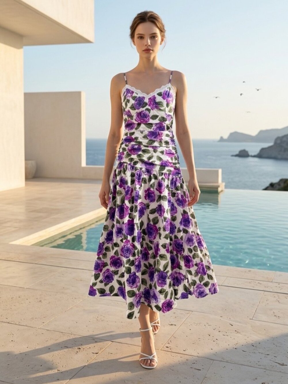 NWT Anthropologie Maeve Purple Rose Floral Cotton Midi Dress Size M